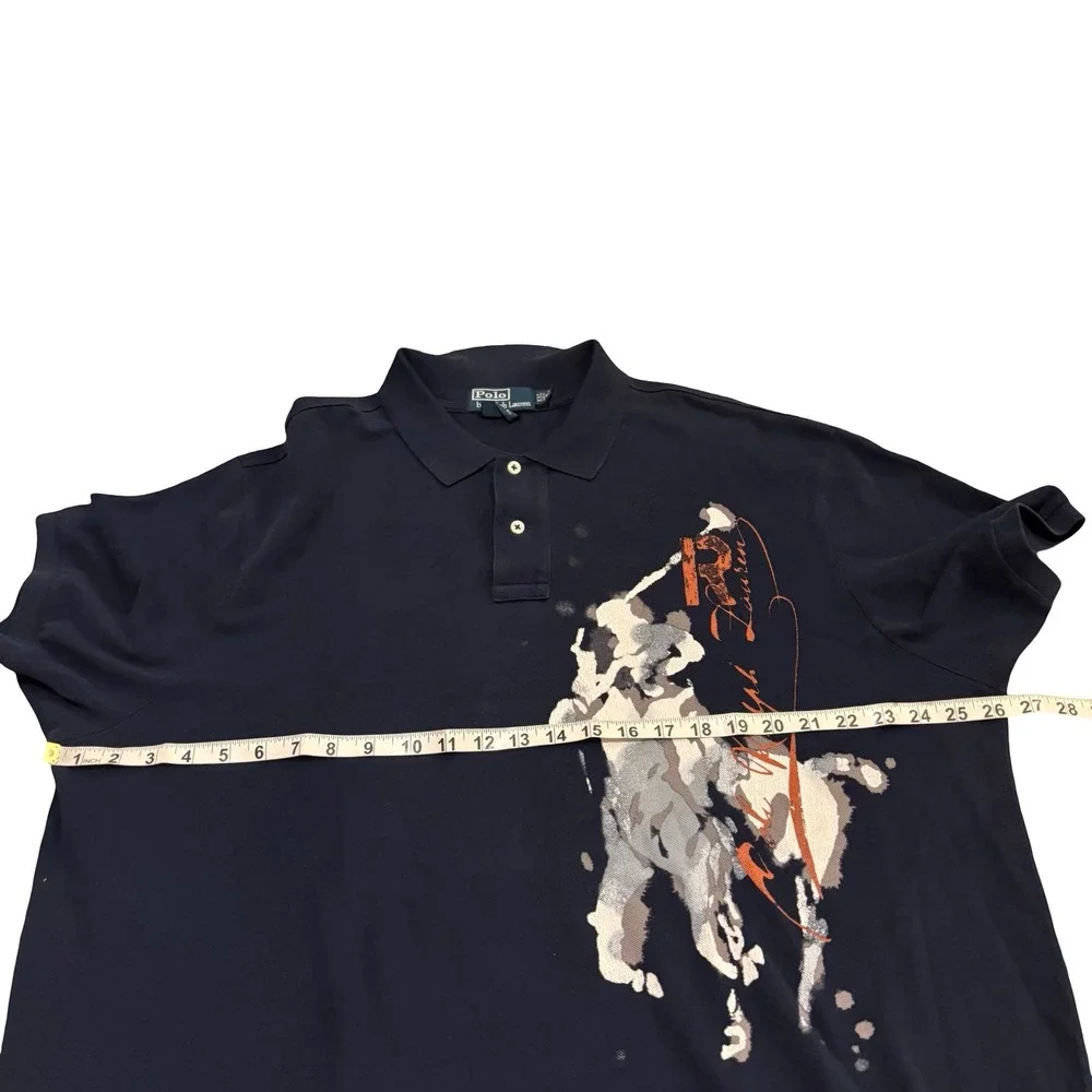 Polo Ralph Lauren Mens XXL Navy Blue Big Pony Splatter Graphic Polo Shirt Vtg